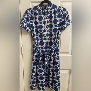 Ann Taylor Dress Blue & White A line Dress 6P w/ attached belt circle pattern